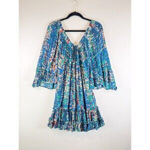 TRYB Womens Dress Blue Mini Abstract Plunge V Neck 3/4 Sleeve A Line Boho Small